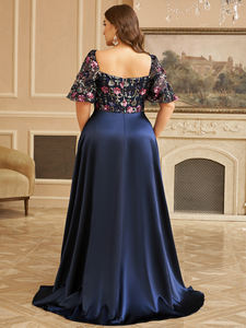 Robe de soirée de grande taille, <span class=keywords><strong>coupe</strong></span> aléatoire, luxueuse, col cœur, manches bouffantes, bleu, sequins brodés, ourlet en satin contrasté - Product Image 2