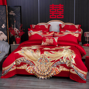 High-<b>end</b> Pure Cotton Wedding Four-piece Bedding Set Red Chinese Style Dragon Phoenix Embroidered Breathable - Product Image 1