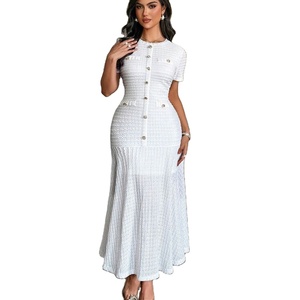 Vestidos Maxi Trompeta/Sirena para Mujer, Manga Corta, Cuello Redondo, Botones, Color Sólido, Tejido Antiarrugas, Transpirable, Casual, Vestido de Verano - Product Image 1