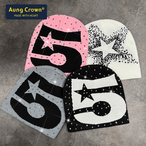 Aung Crown Beanie Fabricante de alta calidad Unisex Mens Winter Beanie Hat Rhinestone Knitted Beanie con logotipo personalizado - Product Image 1