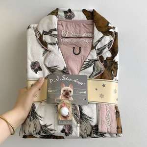 ชุดนอนแขนยาวผ้าคอตตอนขนนุ่มสำหรับผู้หญิงแฟชั่นฤดูใบไม้ผลิฤดูใบไม้ร่วงเอวยางยืดลายดอกไม้สุดหรู - Product Image 3