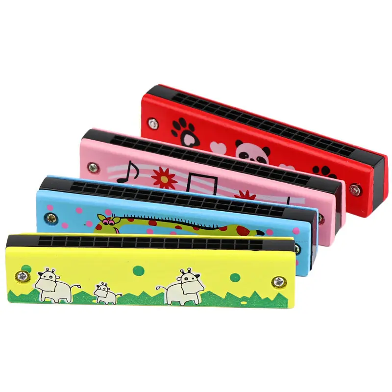 New Product Wood Harmonica Children's Wooden Painted Harmonica Wooden Musical Instrument Toys Cartoon 16-hole Harmonica