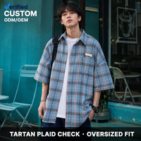 Chemise à manches courtes surdimensionnée en coton polyester tissé à carreaux bleus avec poche plaquée, personnalisable OEM, pour homme, style streetwear