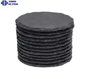 4 Inch Round Natural Black Slate Stone Coaster Set With Anti-scratch For Home Deco
