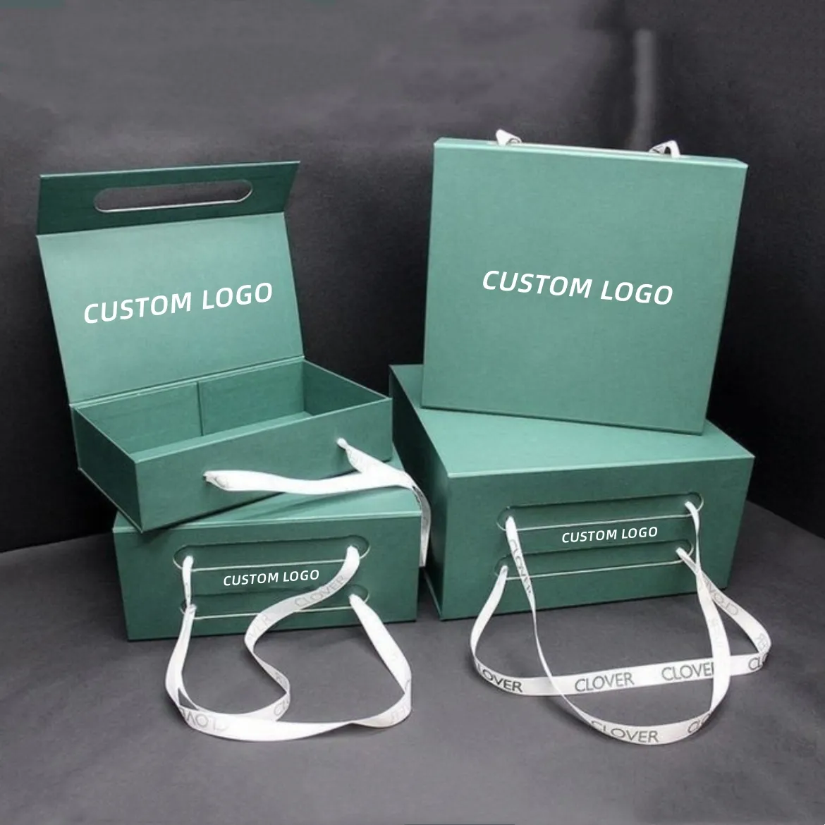 Logo personalizzato di lusso blu pieghevole scatola di carta chiusura magnetica scatole regalo con manico a nastro