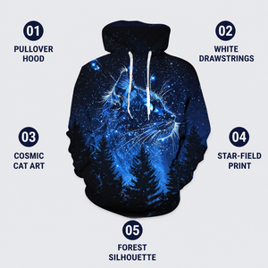 Sweat à capuche décontracté pour homme Cosmic Cat Art, imprimé 3D champ étoilé et silhouette de forêt, coupe régulière, style automne - Product Image 1