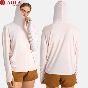 AOLA UPF 50 + UV jaket pakaian pelindung ruam es sutra luar ruangan untuk lari bertudung perlindungan matahari Crop jaket dengan saku