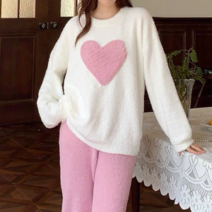 Invierno <span class=keywords><strong>amor</strong></span> cuello redondo pijamas medio terciopelo mujeres dibujos animados dulce pijama térmico traje ropa de dormir conjuntos - Product Image 5