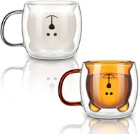 แก้วกาแฟรักษาอุณหภูมิสูง250มล.,แก้วฉนวนสองชั้นทนต่ออุณหภูมิสูงแก้วกาแฟชาหมีน่ารักพร้อมหูจับ