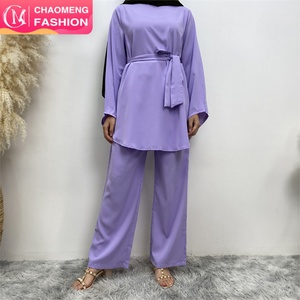 2272# Latest Simple <b>Plain</b> Color Blouse &Pant 2 Piece Set Women Eid Muslim Clothes Islamic Clothing Sets - Product Image 1