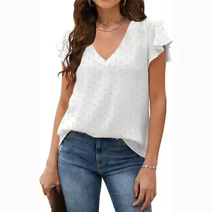 Tops à manches courtes et col en V pour femmes avec fronces latérales Chemises amples pour femmes Blouses d'été T Shirt