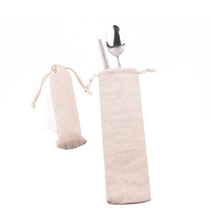 Sacs à cordon en toile de coton blanc écologique pour vaisselle en paille de bambou avec impression de logo personnalisé, petits sacs longs en coton et lin - Product Image 2