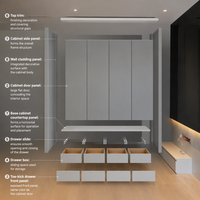 Armoire moderne sans poignées avec tiroirs de rangement gris et éclairage intégré pour chambre à coucher