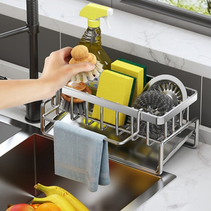 Organisateur d'évier de cuisine avec porte-brosse et <span class=keywords><strong>bac</strong></span> d'égouttement - Porte-éponge en acier au carbone avec barre porte-serviette <span class=keywords><strong>noir</strong></span> - Product Image 5