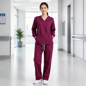 Unisex Medical <b>Scrub</b> Set V Neck Long Sleeve Woven Hospital Uniform Nurse Workwear - Product Image 4