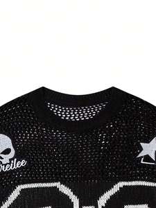 Người Đàn Ông Mùa Xuân Và Mùa Hè Mới Cao Đẳng Phong Cách Tương Phản Màu Sắc Mô Hình Kỹ Thuật Số Vòng Cổ Ngắn Tay Áo Crochet Knit Top - Product Image 3