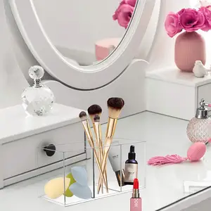 Caja de almacenamiento de brochas de maquillaje de escritorio acrílico de 3 compartimentos
