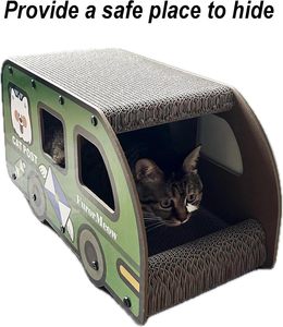 Maison à gratter pour chat en carton, forme de bus, verte, longue <span class=keywords><strong>griffoir</strong></span>éeuse 9x11.8x22 pouces, <span class=keywords><strong>cube</strong></span> amusant, tunnel et cachette - Product Image 2