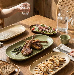 Plato Ovalado de Cerámica Rústica Estilo Natural, Hecho a Mano, Texturizado, para Servir Bistec, Pan, Ensalada, para el Hogar y la Cocina - Product Image 1