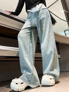 <span class=keywords><strong>Jean</strong></span> droit taille haute personnalisé, orné de strass, pour <span class=keywords><strong>femme</strong></span> – Nouvelle collection tendance - Product Image 2