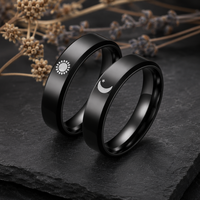 Cincin Baja Tahan Karat Celestial Sun Moon Star dengan Tepi Dipoles, Pita Hitam, Lambang Perak, Unisex, Klasik, Gotik, Minimalis, Hadiah