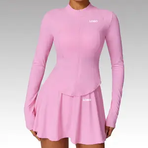 קיץ חיצוני הגנת UV מעיל ספורט שרוולים ארוכים טופ יוגה ייבוש מהיר שני חלקים חצאית מיני טניס לנשים