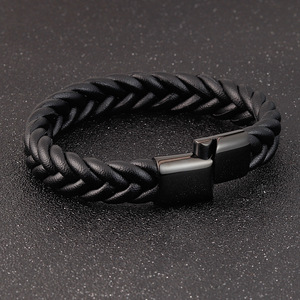 Bracelet en cuir PU tressé tendance haut de gamme à simple couche avec fermoir magnétique en acier inoxydable 316L noir PVD pour hommes - Product Image 5