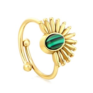 <b>Sunflower</b> Open <b>Ring</b> With Green Malachite 18k Gold Plated Unisex Jewelry Fashion <b>Ring</b> - Product Image 1