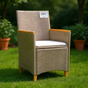 Sedia da Giardino in Rattan PE Beige Resistente ai Raggi UV, Arredamento da Esterno in Stile Contemporaneo con Gambe Affusolate - Product Image 2