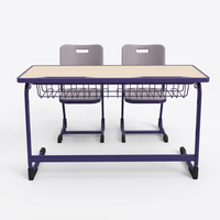 Ensemble de chaise de bureau scolaire moderne à double siège avec dossier intégré, trou pour les mains, rangement sous le bureau, cadre métallique, finition aspect bois stratifié