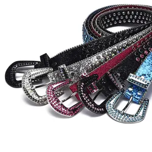 New Trend Bling Bling Rhinestone Belt Women Western Cowboy Crystal Studded PU Leather Diamond Shiny Belt For Jeans