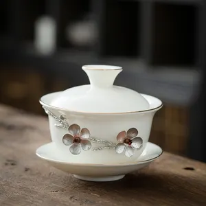 Wholesale china suppliers white arabic ceramic tea coffee cups set pure tin inlaid flower tea cup