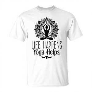 Camiseta de manga corta con cuello redondo unisex para adultos, ropa promocional con la frase Life Happens Yoga Helps - Product Image 2