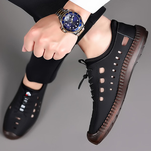 Men's Summer Breathable Genuine Leather Slip-On Casual <b>Flat</b> <b>Sandals</b> Closed Toe Rubber Outsole Solid Color - Product Image 3
