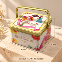 Boîte en métal carrée avec poignée 130x130x85mm, emballage personnalisé pour biscuits, bonbons, chocolat, cadeaux, vente en gros, fabricant OEM