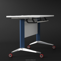 Bureau pliable en acier robuste et mobile avec roulettes verrouillables rouges et tablette rabattable pour salles de conférence, salles de formation, table de réunion
