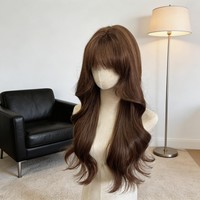 Perruque non-attachée, style doux, perruque pour femme, brun chaud caramel, frange, cheveux longs bouclés, perruque complète Lolita