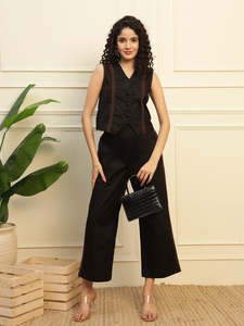 Deebaco Women's Black Solid Short Sleeveless V-Neck <b>Blazer</b> Wide Leg Trousers Two Piece Cotton Summer Western Outfit - Product Image 4
