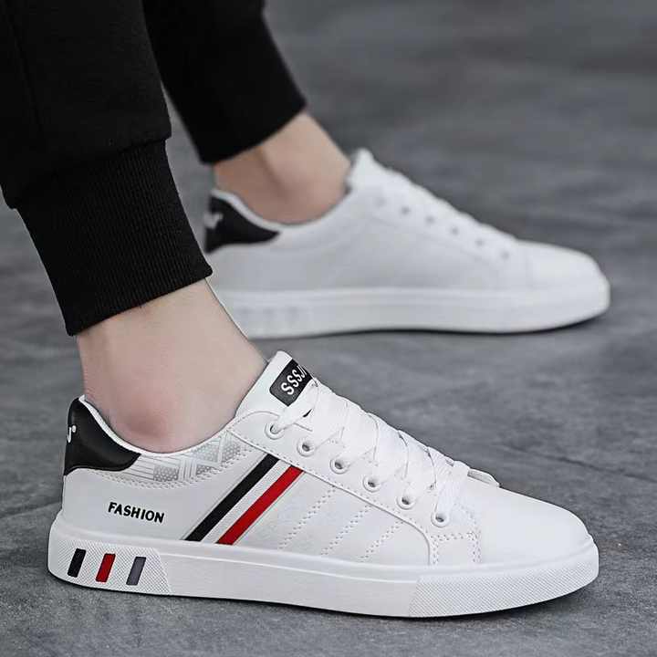 Mens Autumn New Fashionable Leather Flat White Shoes Lightweight Sports Leisure Running Shoes with Casual Toe Style PU Insole