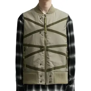 Customize Rib Trims Zip Up Green Nylon Vest Ribbon Criss-cross Cotton Padded Cargo Vest Men Work Sport Jacket Vest