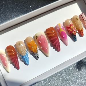 Verano Shell mariposa hecho a mano acrílico prensa uñas lujo almendra ataúd ojo de gato Stiletto estilo francés cubierta completa pegamento dedo - Product Image 6