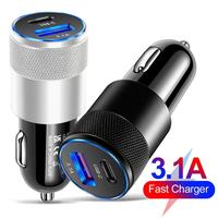 Cargador de Coche USB de 2 Puertos con Carga Rápida QC3.0 PD de 15 W y 3.1 A, Adaptador Tipo C, Cargador de Teléfono Móvil USB-A