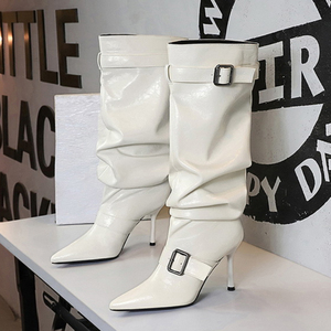 Botas Wrinkle Buckle Fashion Slipper Pointy Toe Thin Heel Knee High Women <b>Boots</b> - Product Image 6