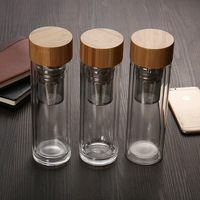 Bouteilles en Verre Double Paroi avec Logo Personnalisé, Fabricant de Bouteilles d'Eau avec Filtre à Thé et Fruits et Couvercle en Bambou