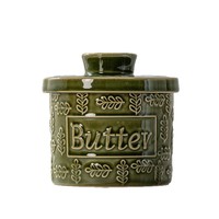 Pot à beurre cylindrique en céramique vert rétro, style antique, embossé, hermétique et portable