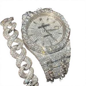 Montre japonaise de luxe en acier inoxydable 41 mm entièrement sertie de diamants Moissanite blancs roses, mouvement à quartz, bracelet - Product Image 1