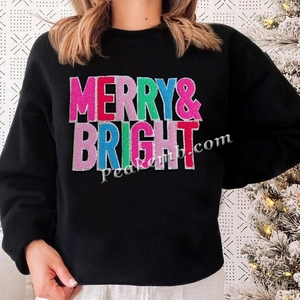 Patch Ricamata a Mano 'MERRY & BRIGHT' in Ciniglia <span class=keywords><strong>con</strong></span> Bordi Argentati e Perline su Tela Personalizzabile in Vari Colori - Product Image 6
