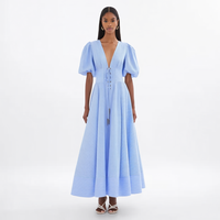 Robe longue maxi personnalisée pour femme, nouvelle mode, rayée bleu et blanc, col en V profond, manches bouffantes, coupe trapèze, taille haute, pour l'été, la plage et les vacances