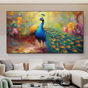 Peint à la main moderne haut sens de sept couleurs huile paon suspendu photo TV fond mur Art décor à la maison peinture - Product Image 1