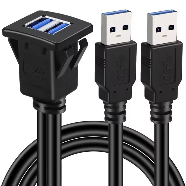 Dual Ports Square USB 3.0 Panel Flush Mount Extension Cable with Buckle for Car Truck Boat Motorcycle Dashboard 1M 2M
